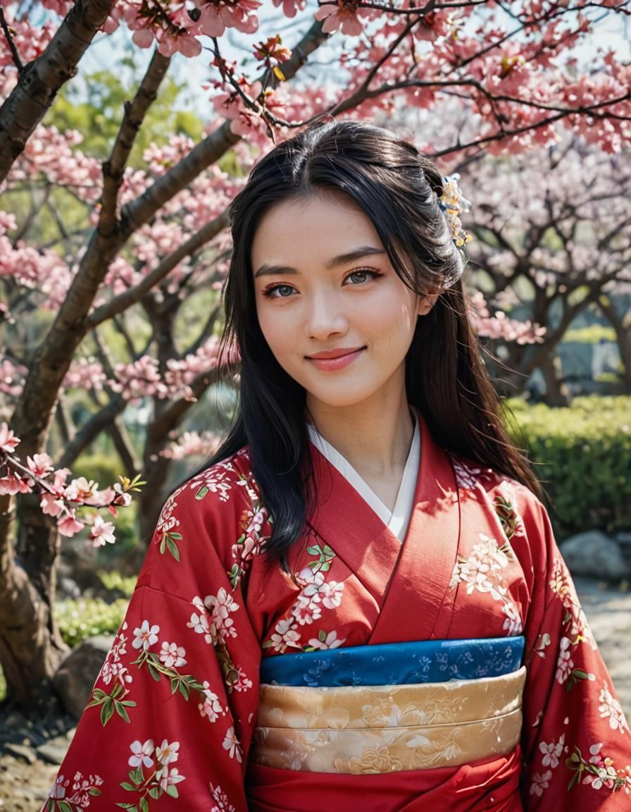 Elegant Oriental Teenage Lady in Traditional Kimono, Surroun...