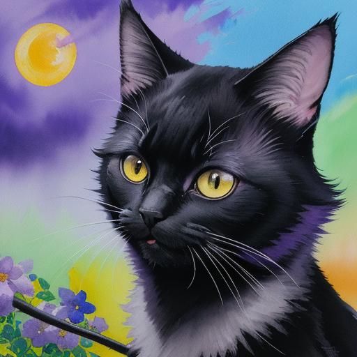 Jiji Black Cat in Bakery, Gouache Watercolor Style