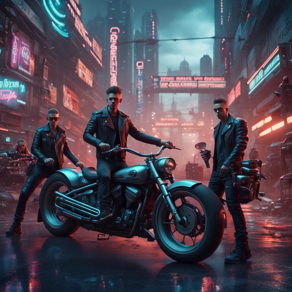 Cyberpunk Biker Gang in Futuristic Cityscape