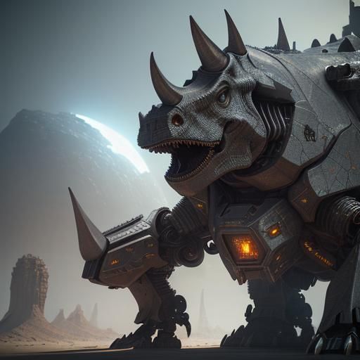 Heavy Metal Mech Triceratops in Sci-Fi Style