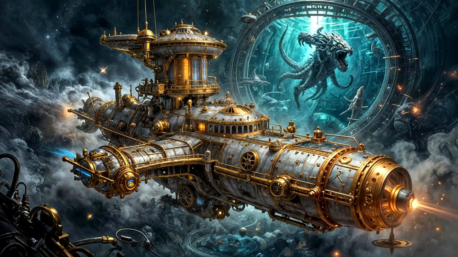 Steampunk Spaceship Battles Cosmic Storms with Kraken Observ...