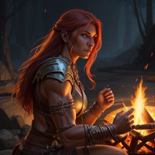 Barbarian Woman by Campfire in Epic Fantasy Art Style