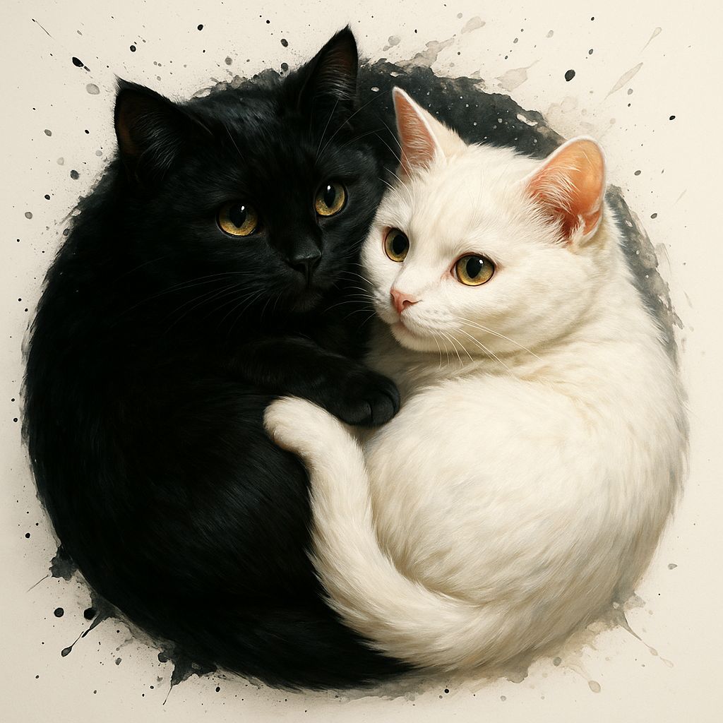 Yin Yang Cats Cuddling in Hyperrealistic Splash Art Style