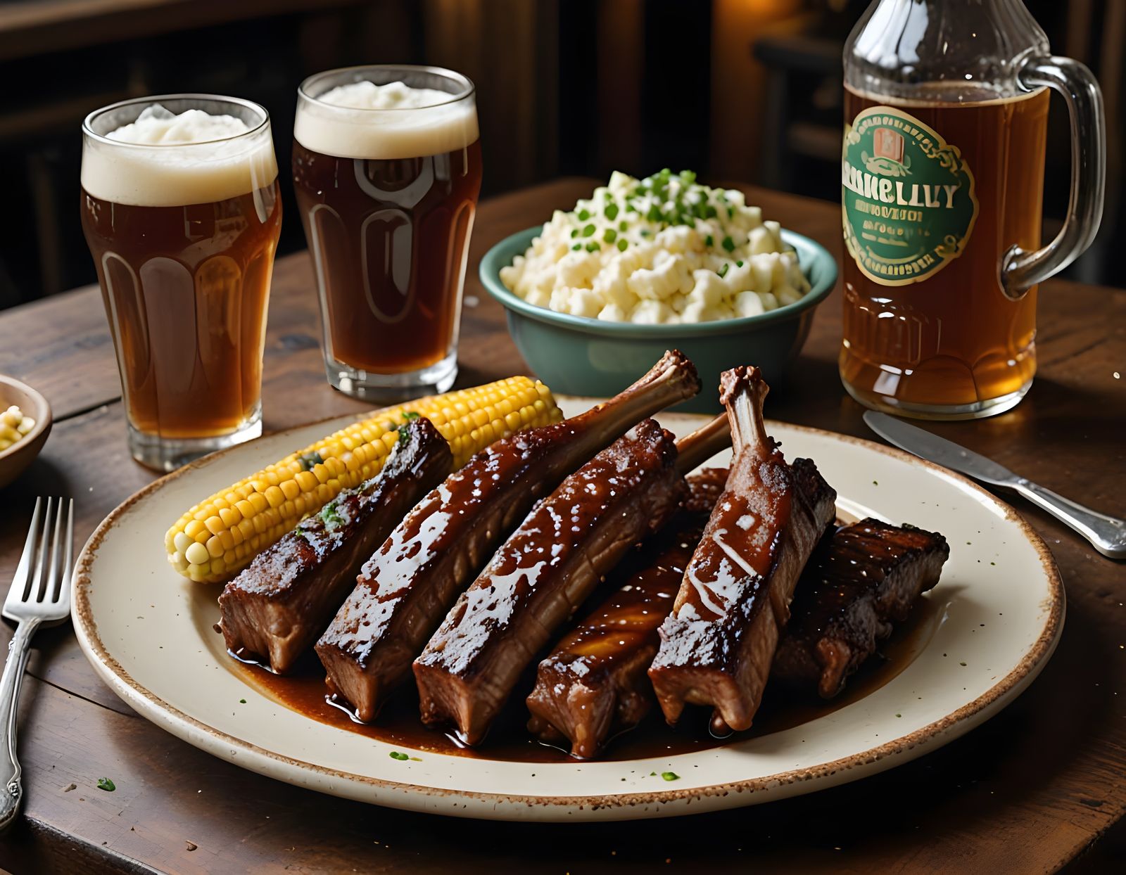 Realistic Barbecue Ribs in Rustic Pub Setting