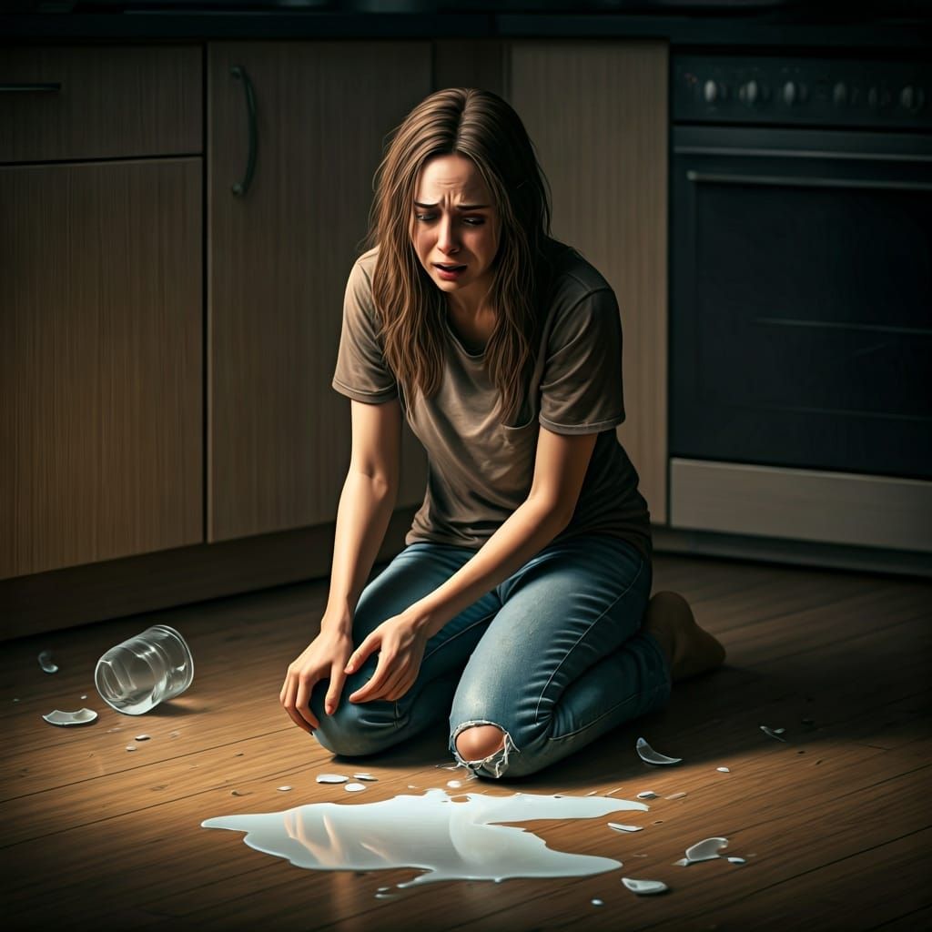 Woman's Grief Over Spilled Milk, Hyper-Realistic Style