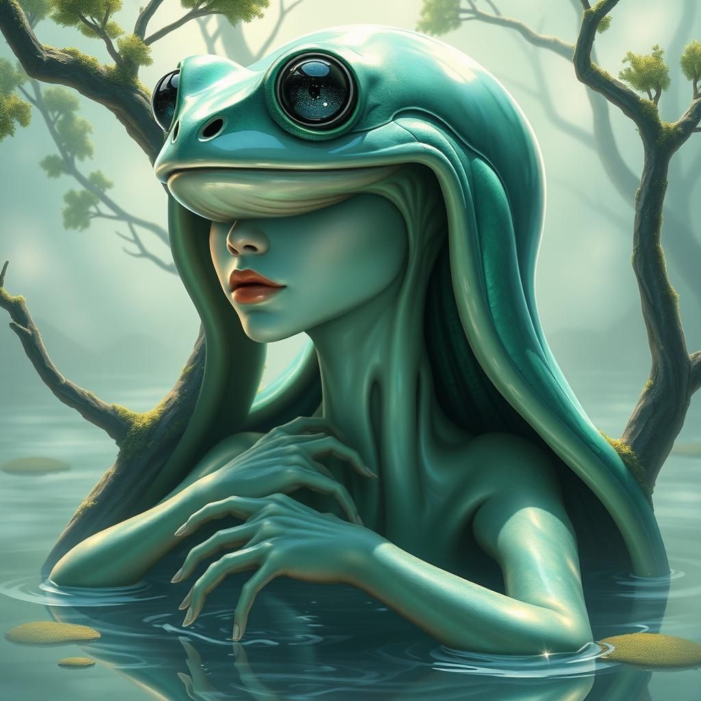 Ethereal Alien Woman with Frog Features in Lagoon