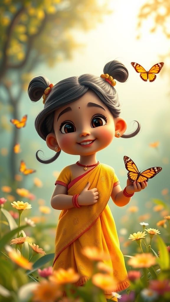 Indian Girl Playing with Butterflies in Magical Forest