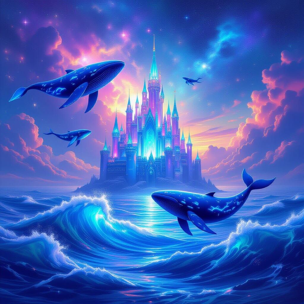 Fantasy Ocean with Crystal Castle and Ethereal Whales