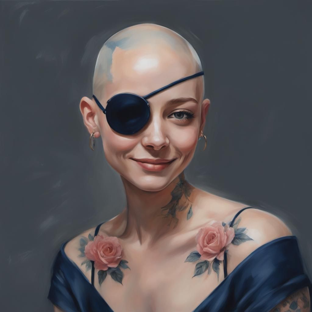 Smiling Bald Woman with Eyepatch as Oil Painting