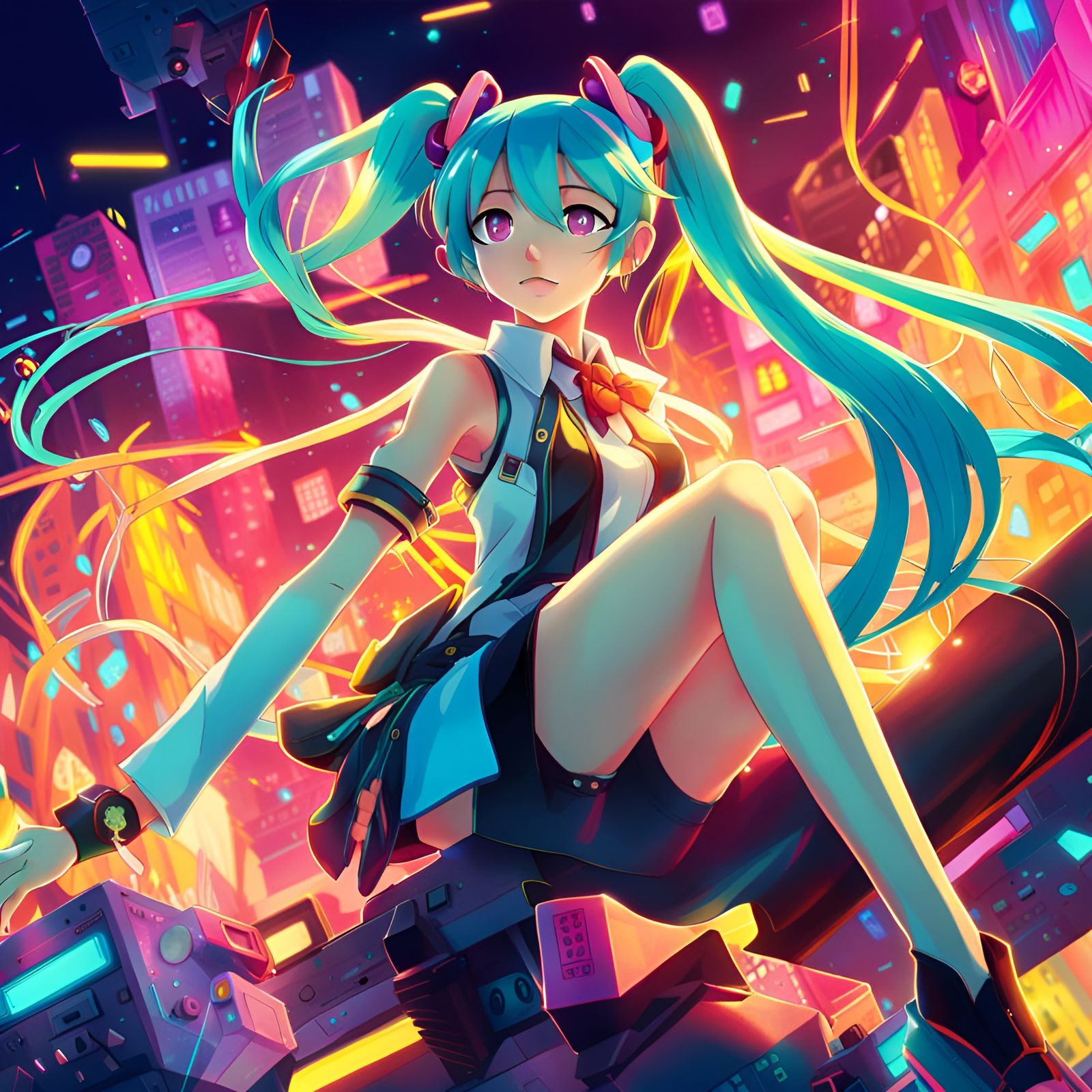 Hatsune Miku Anime Concept Art in Neon
