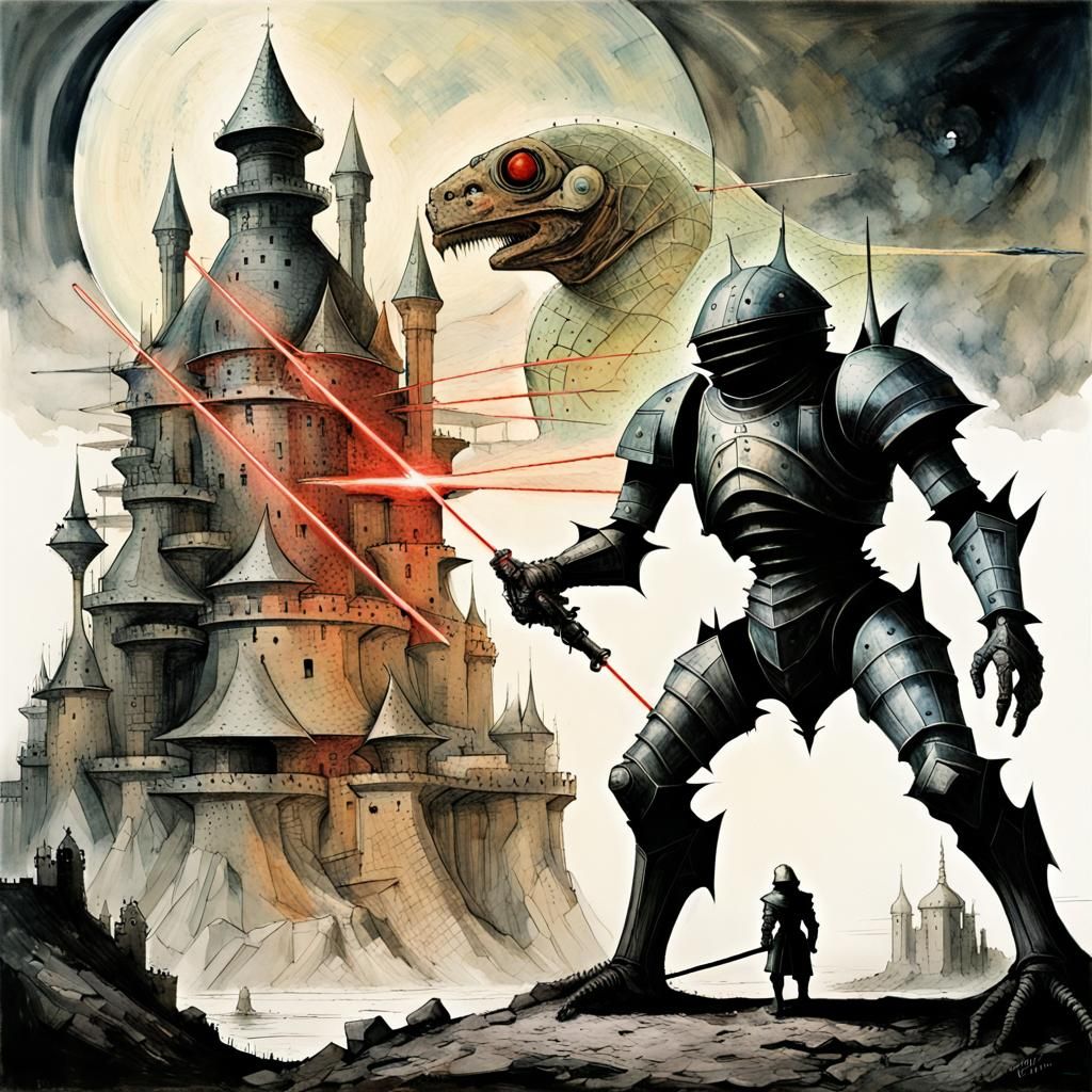 Knight's Cosmic Battle with Alien, Surreal Sci-Fi