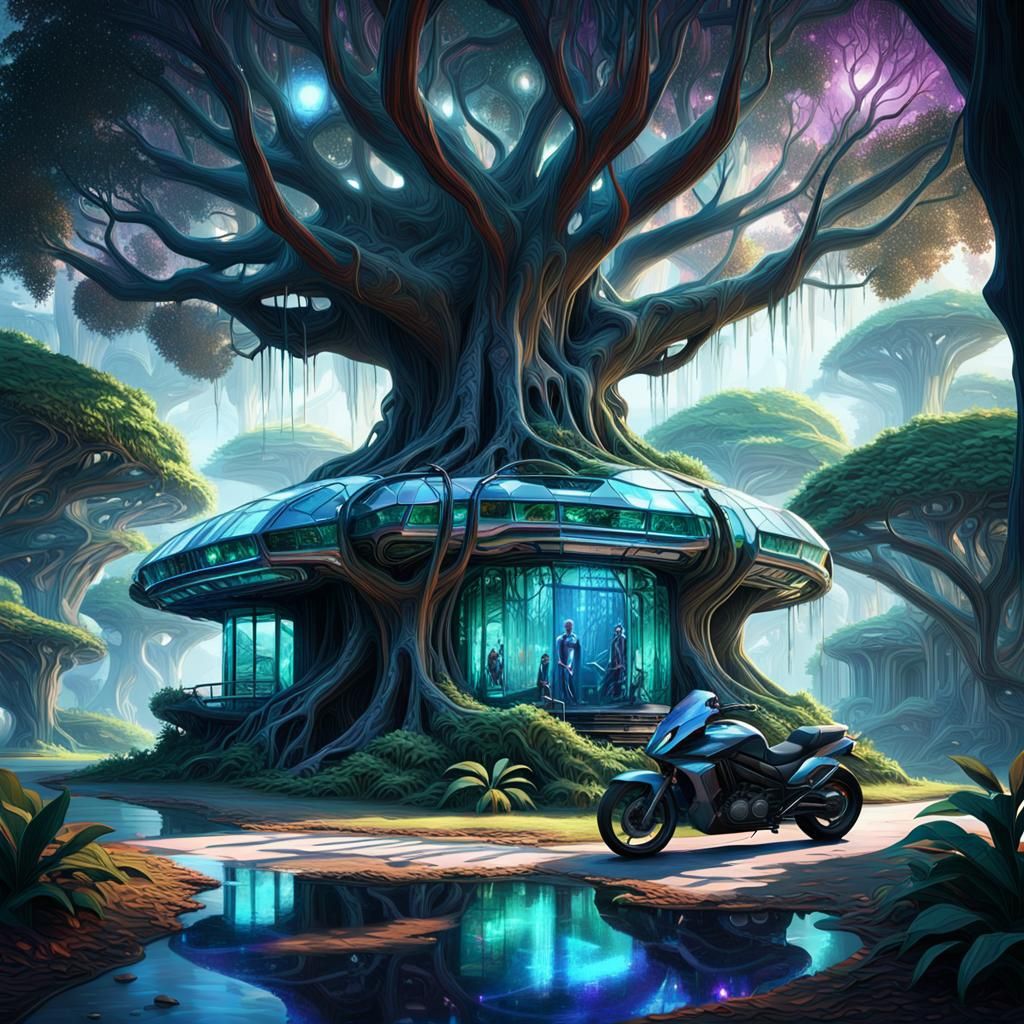 Glowing Crystal Alien House Under Banyan Tree