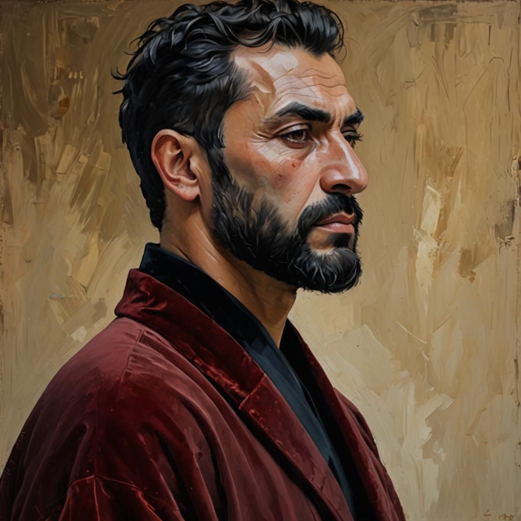 Pensive Man in Red Velvet Bathrobe, Impressionist Portrait