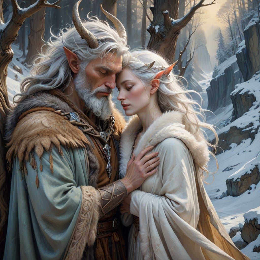 Ethereal Forest Goddess Embracing Winter Deity in Mystical L...