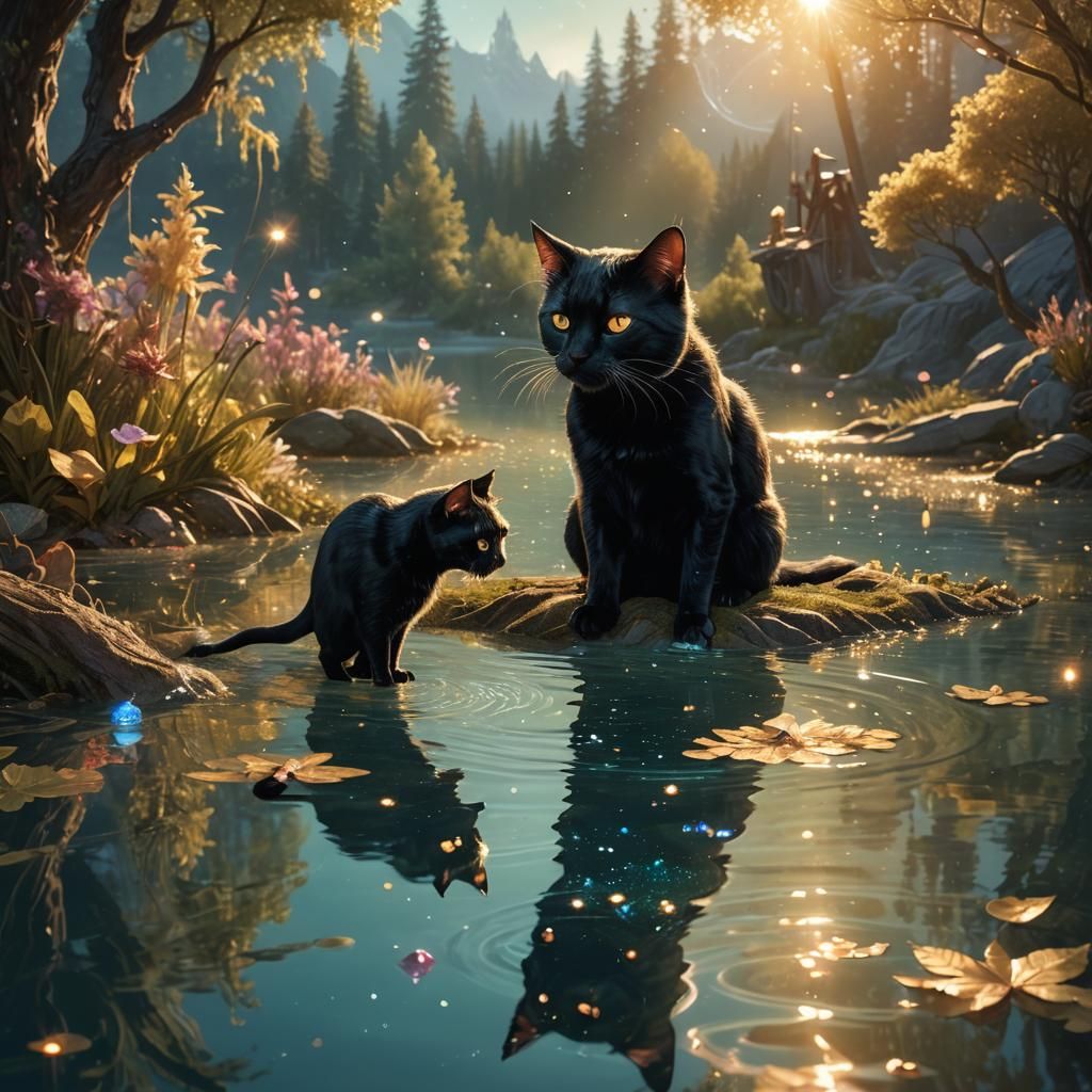 Black Cat and Elves by a Serene Lake