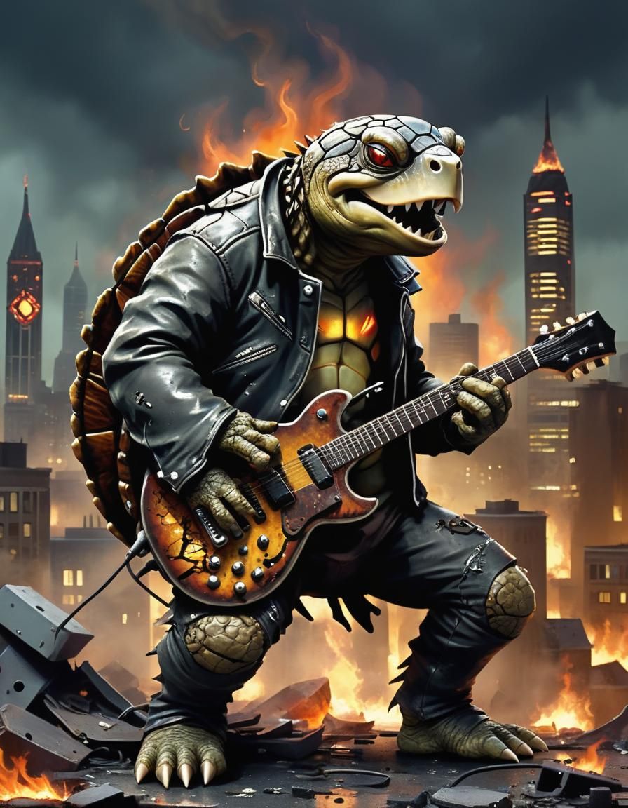Turtle Punk Rocker in Burning Cyberpunk Cityscape