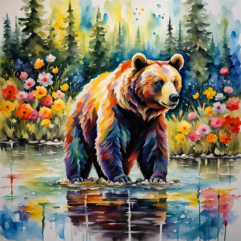 Bear in Floral Landscape: Impasto Oil Painting