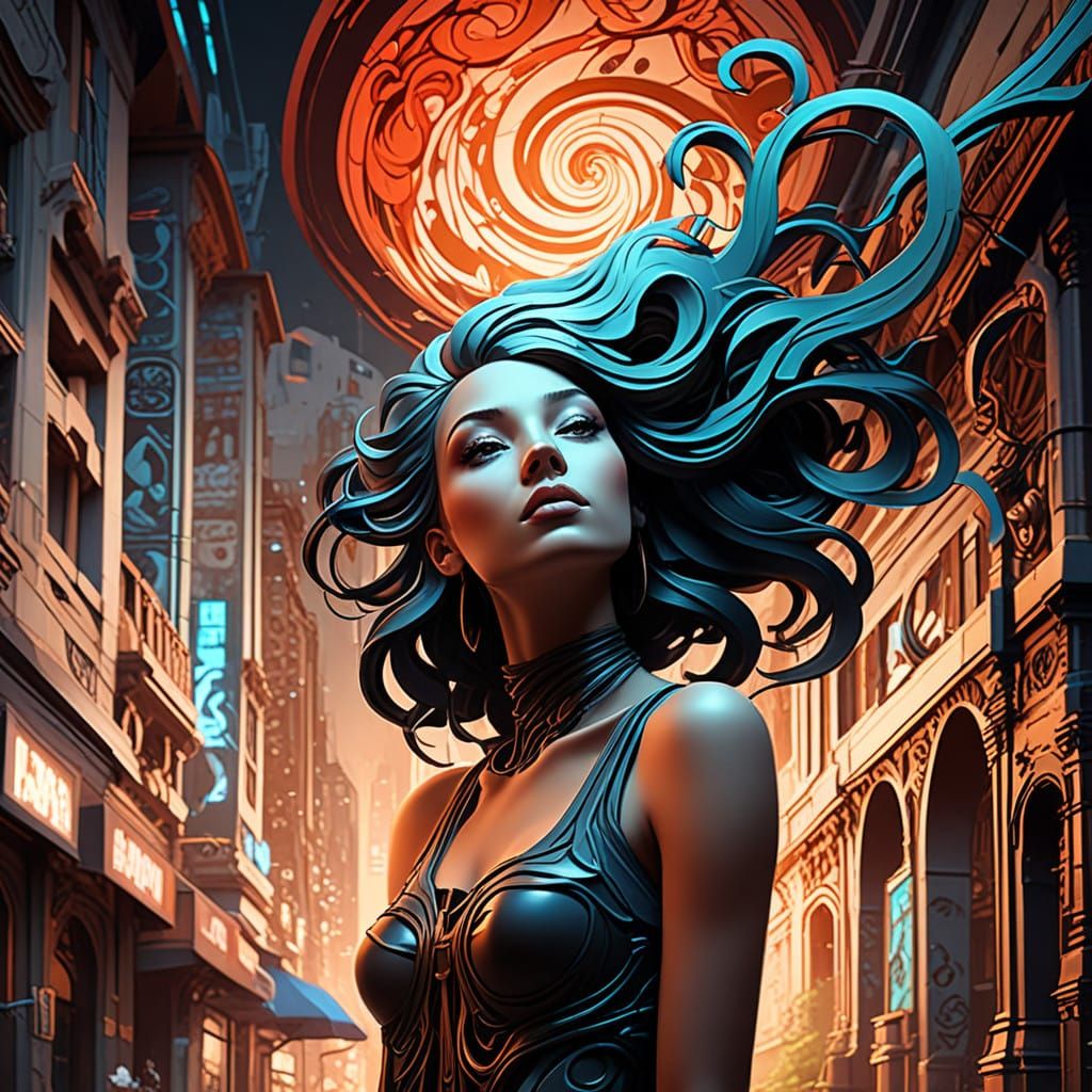 Ethereal Urban Odyssey in Hyperrealistic Art Nouveau