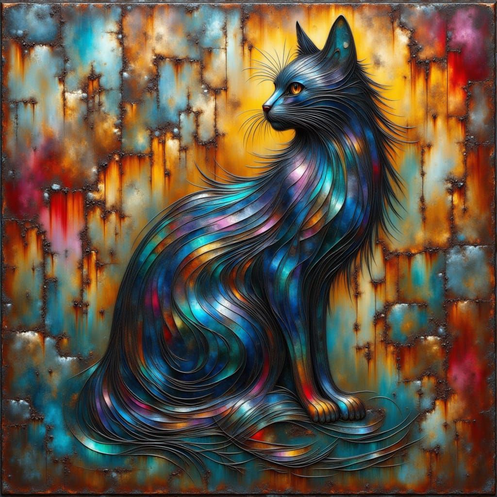 Elegant Cat in Enamel, Art Nouveau Style