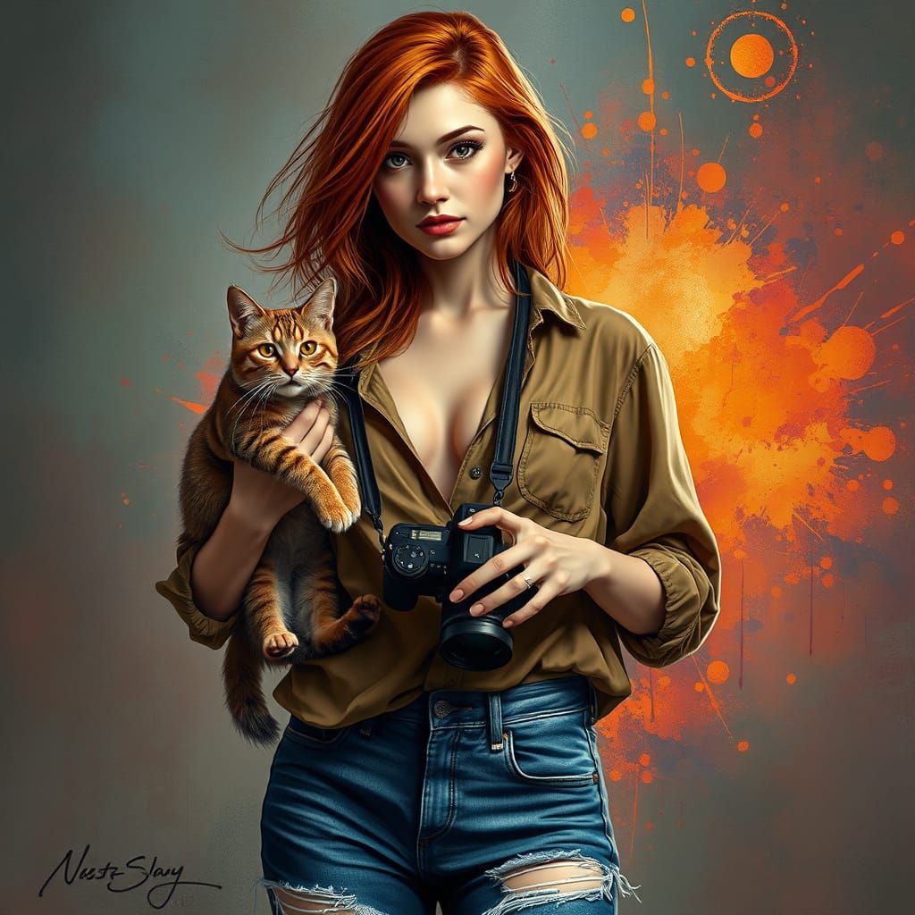 Ginger Woman in Hyperrealistic Portrait with Cat