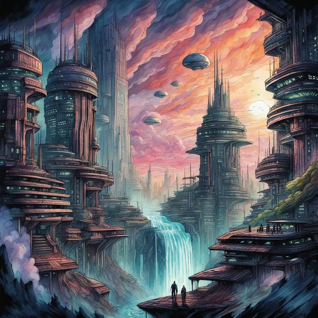 Sci-Fi Alien Sky City Waterfall in Watercolor