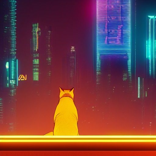 Cyberpunk Cat Observes Moon From Skyscraper