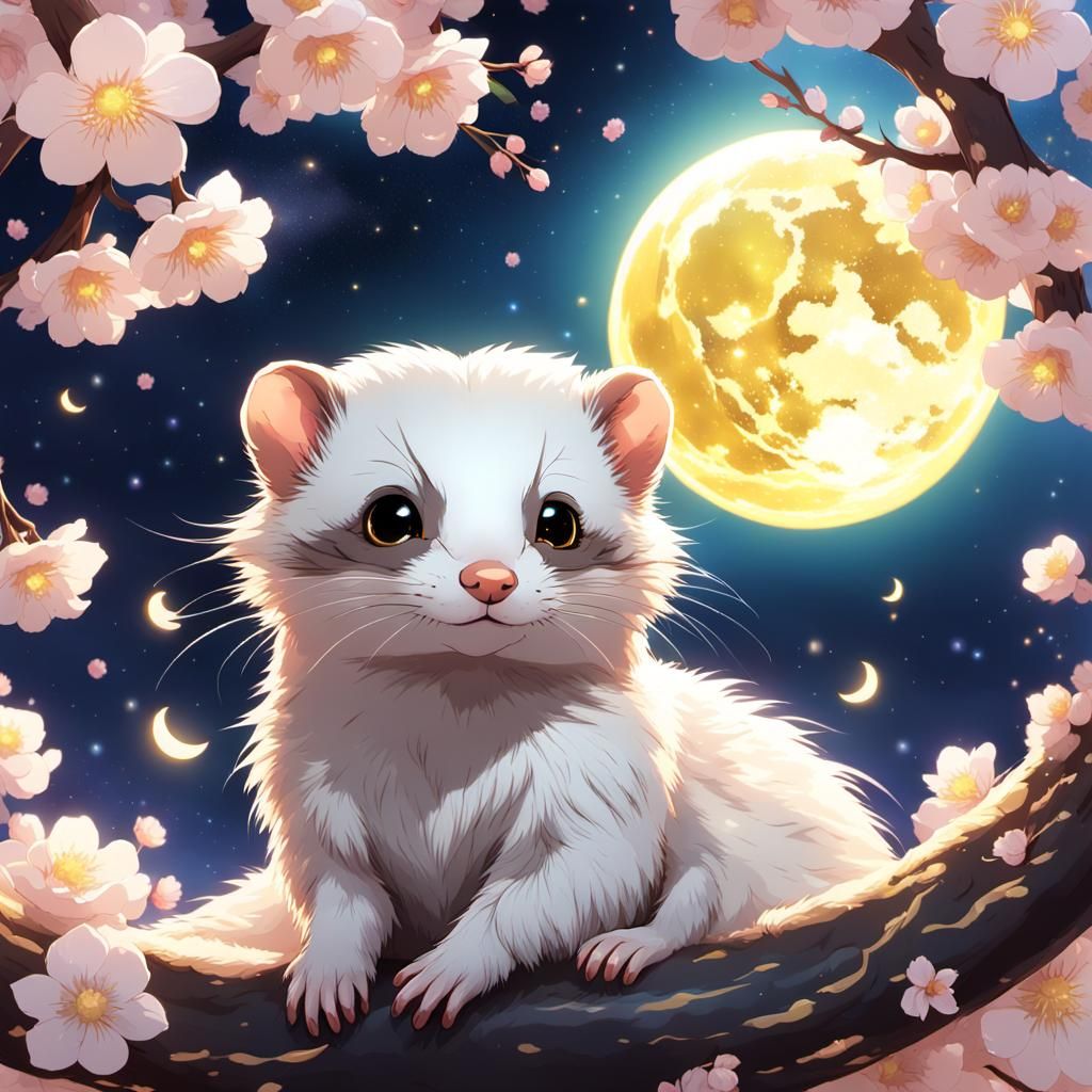 Dreamy Anime Ferret in Moonlit Cherry Blossoms