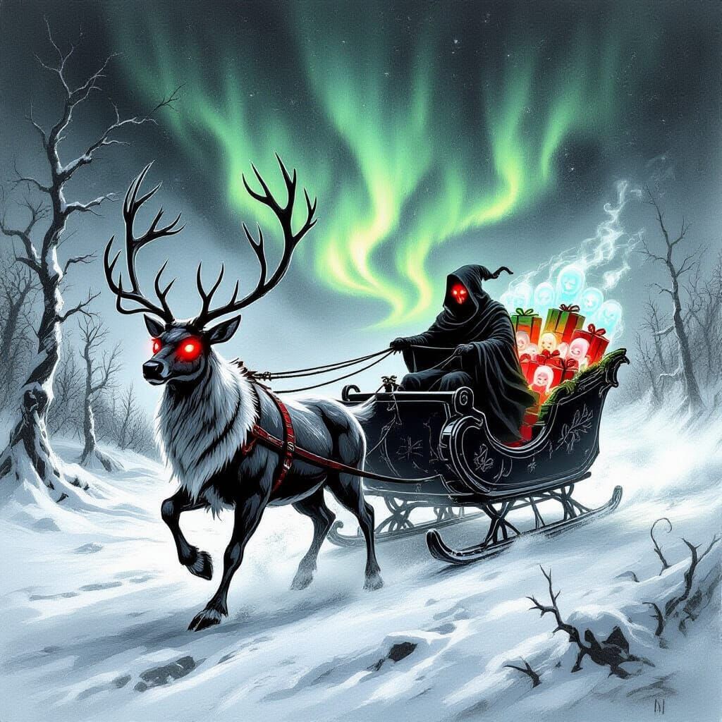 Undead Reindeer Pull Sleigh of Souls in Gothic Fantasy Art