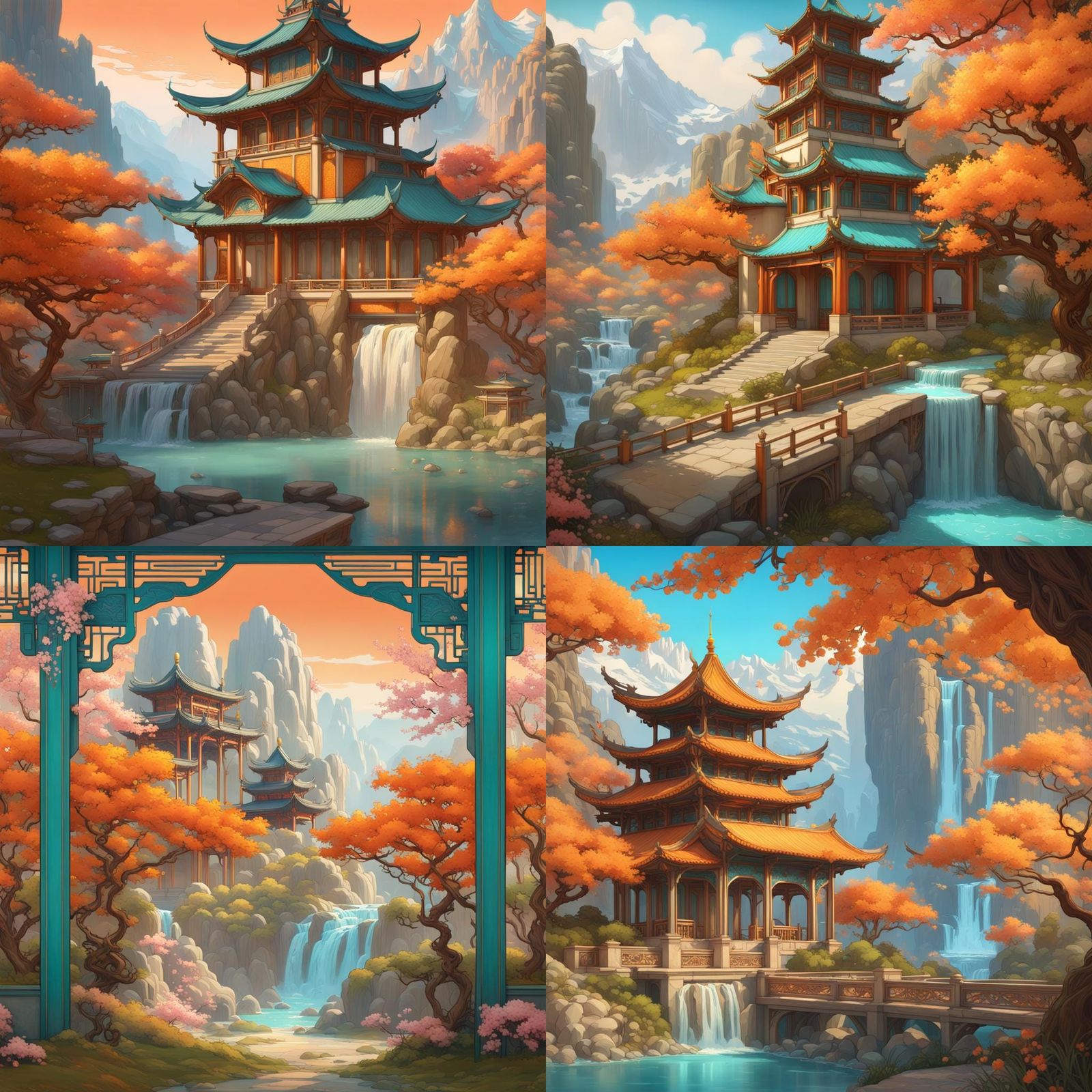 Art Nouveau Chinese Landscape with Pavilion and Mountains