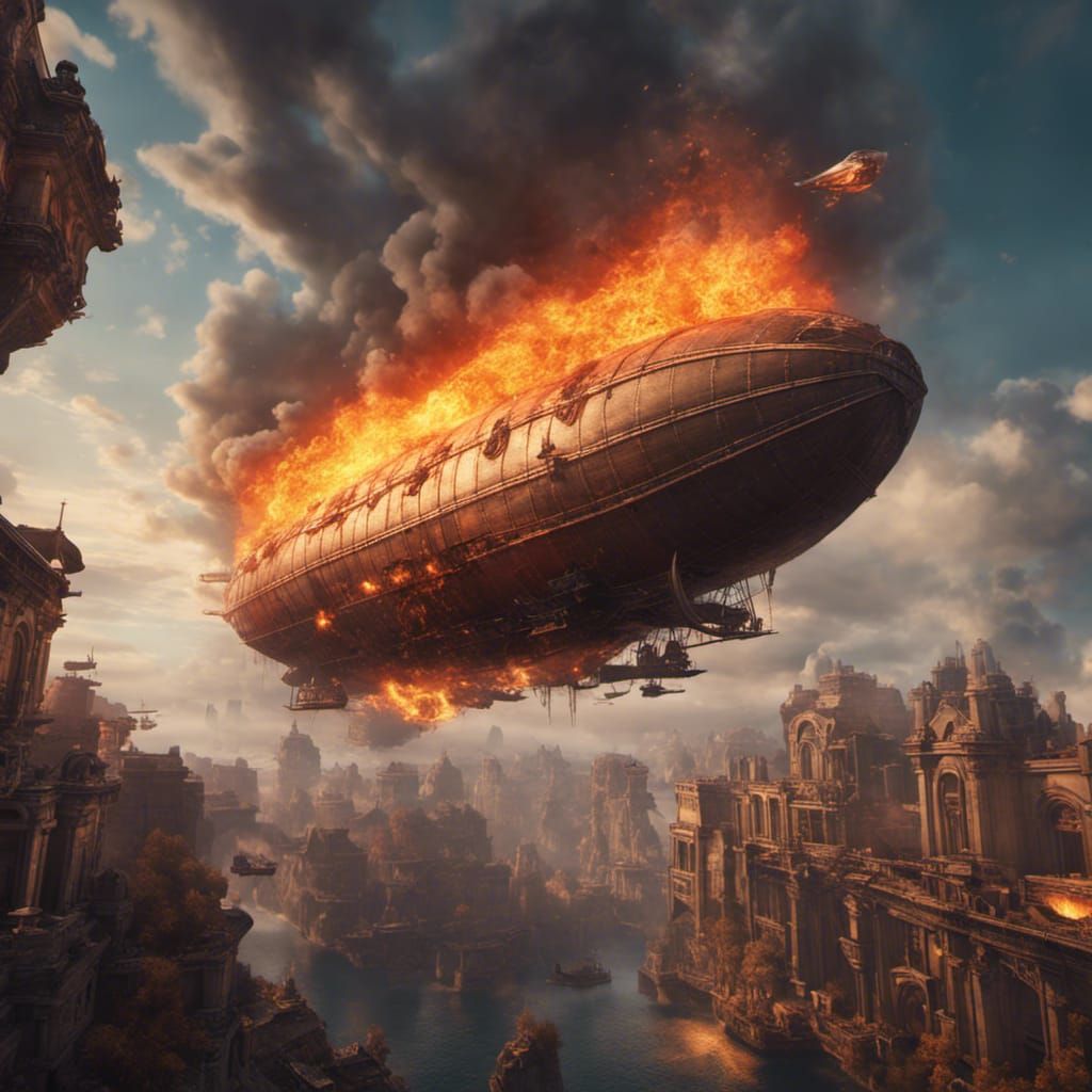 Burning Airship Plummets From Sky: Detailed Matte Painting