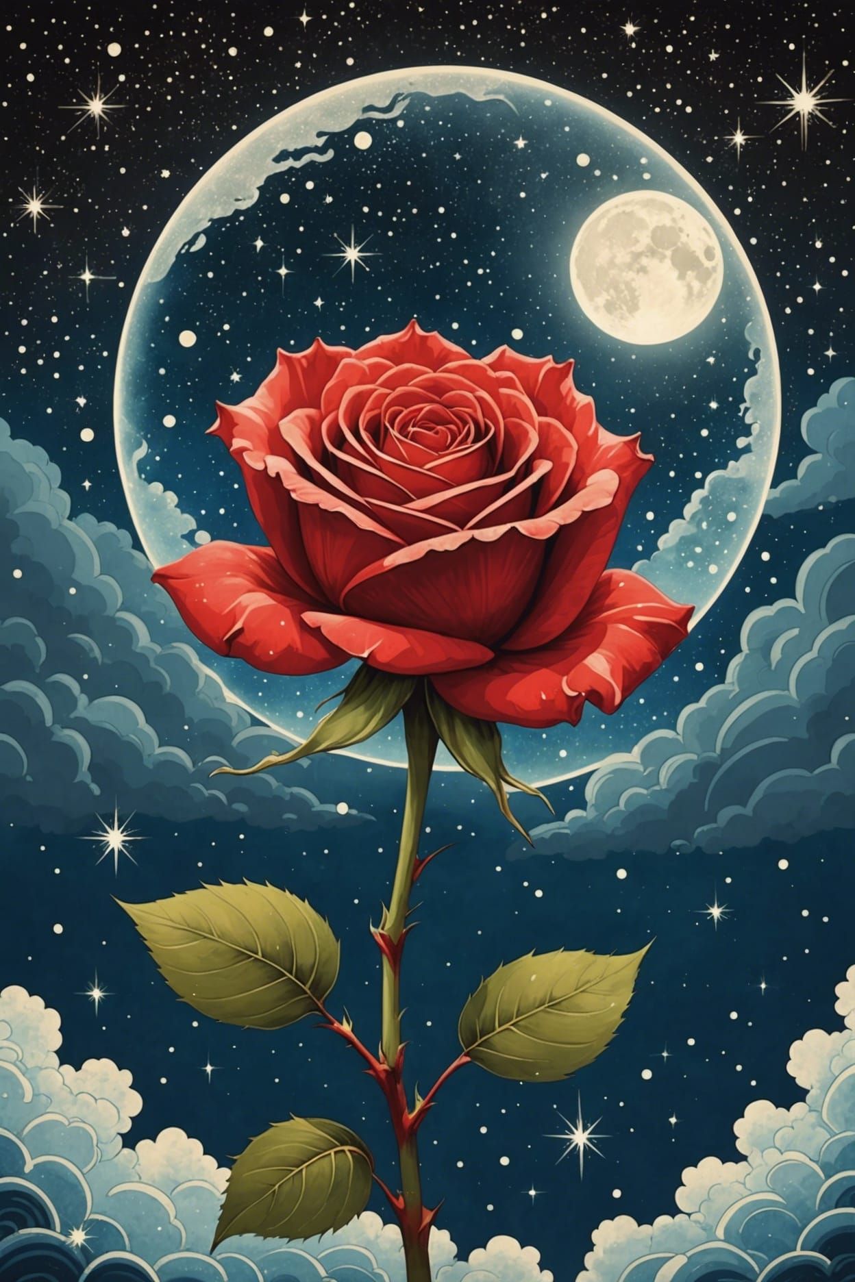 Cosmic Red Rose in Ukiyo-e Style