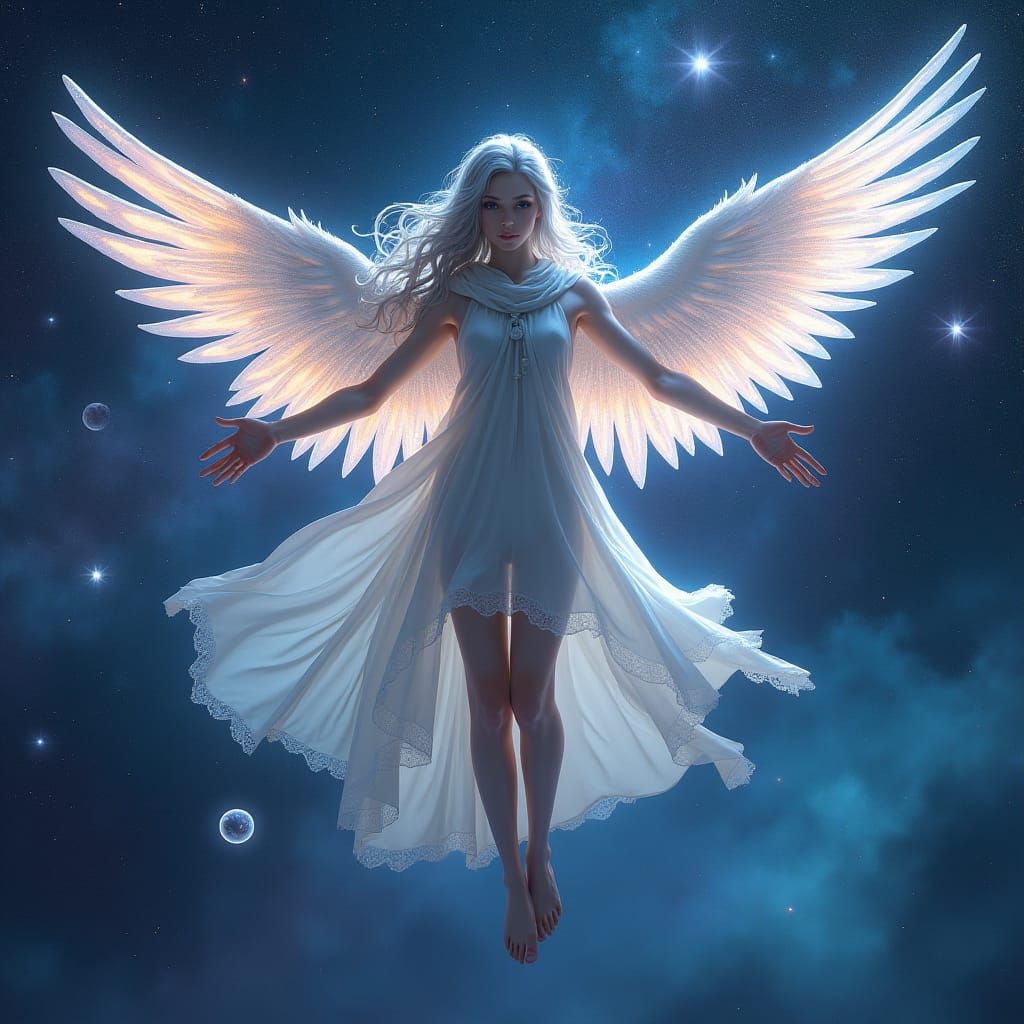 Ethereal Woman Soaring Through Starry Galaxy