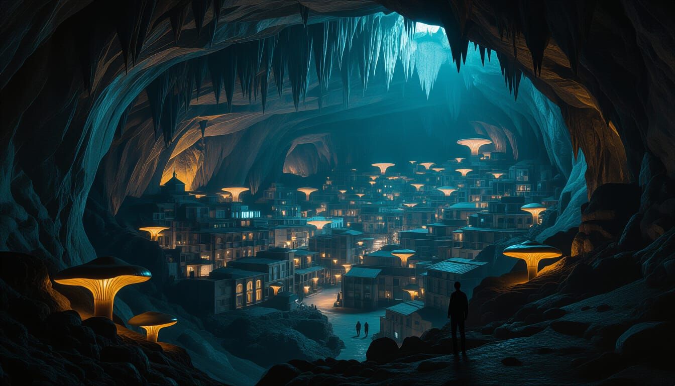 Subterranean Town in Dimly Lit Cave