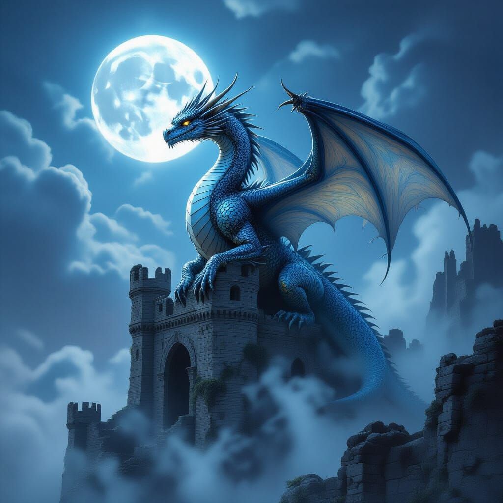 Majestic Dragon on Ancient Castle Ruin Under Double Moon