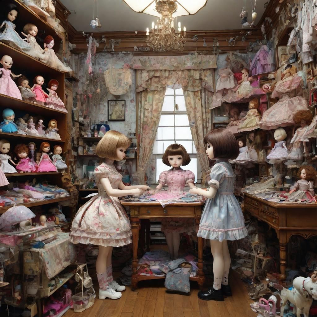 Wide shot Maximaliistic An Innocent halfling girl sewing a dress for her dolls in a lavish victorian doll shop by Thomas...