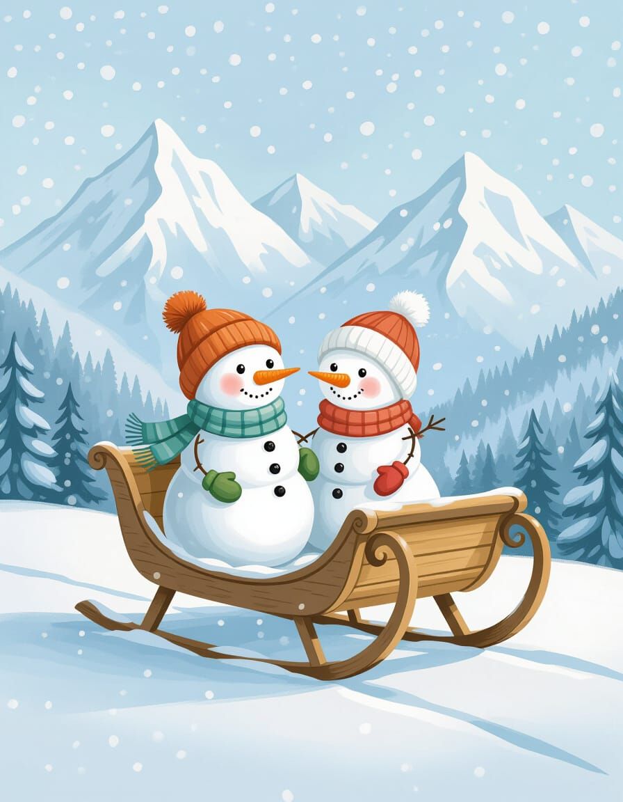 Snowman Couple Rides Sleigh in Snowy Mountains