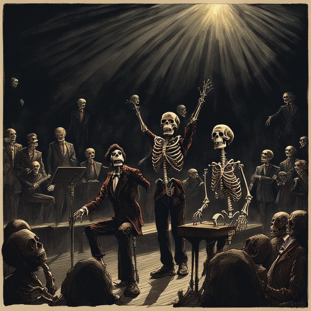 Skeletal Rock Legends Perform Onstage: Dark Fantasy Art