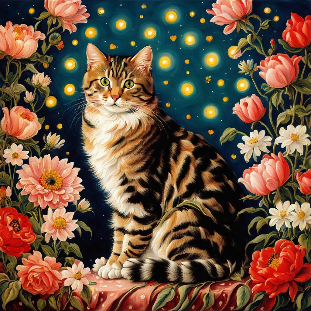 Cat with Flowers in Renaissance Style
