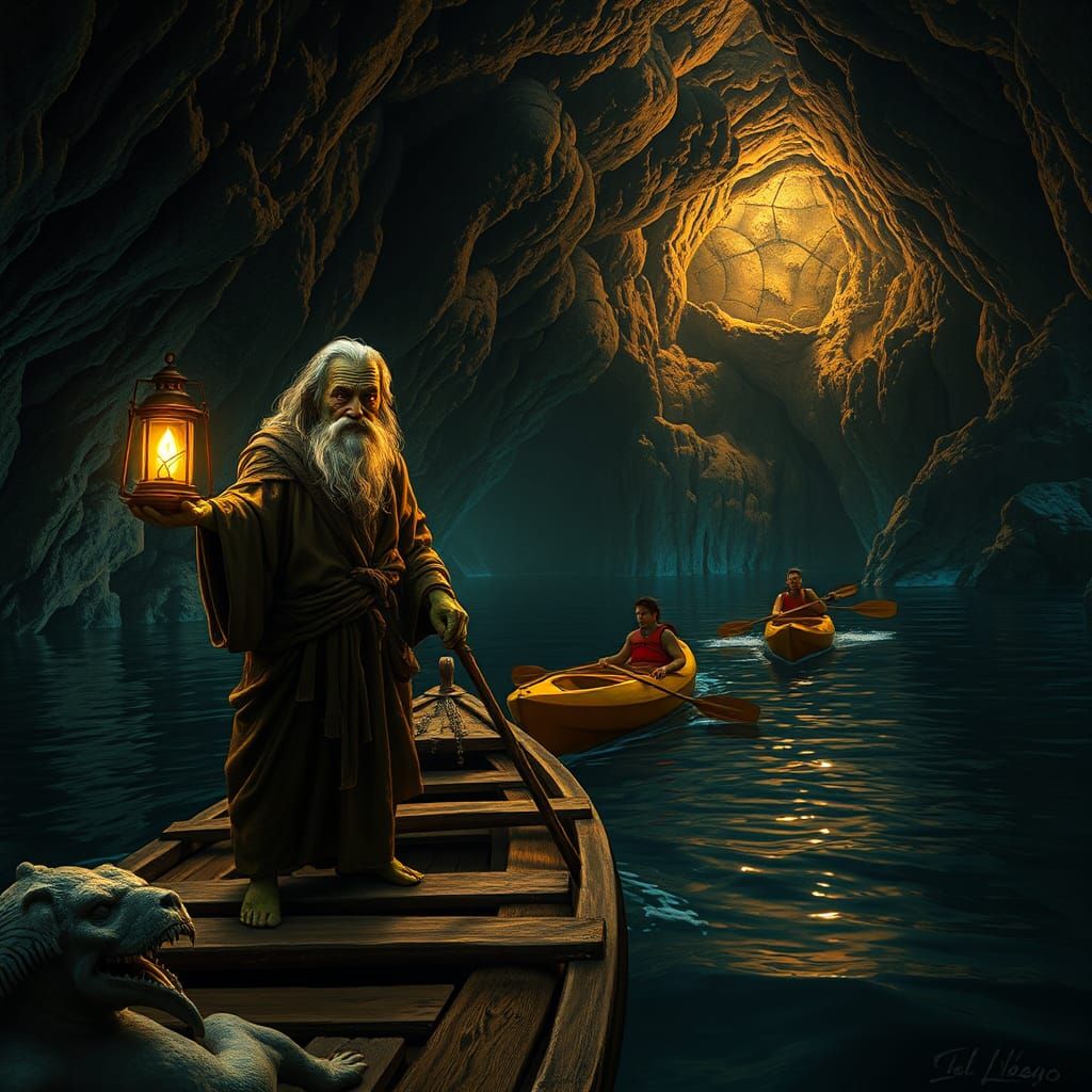 Hyperrealistic Charon Amazed by Kayakers on Styx