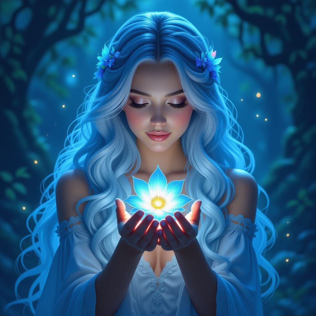 Ethereal Woman with Glowing Hair Holds Mystical Flower
