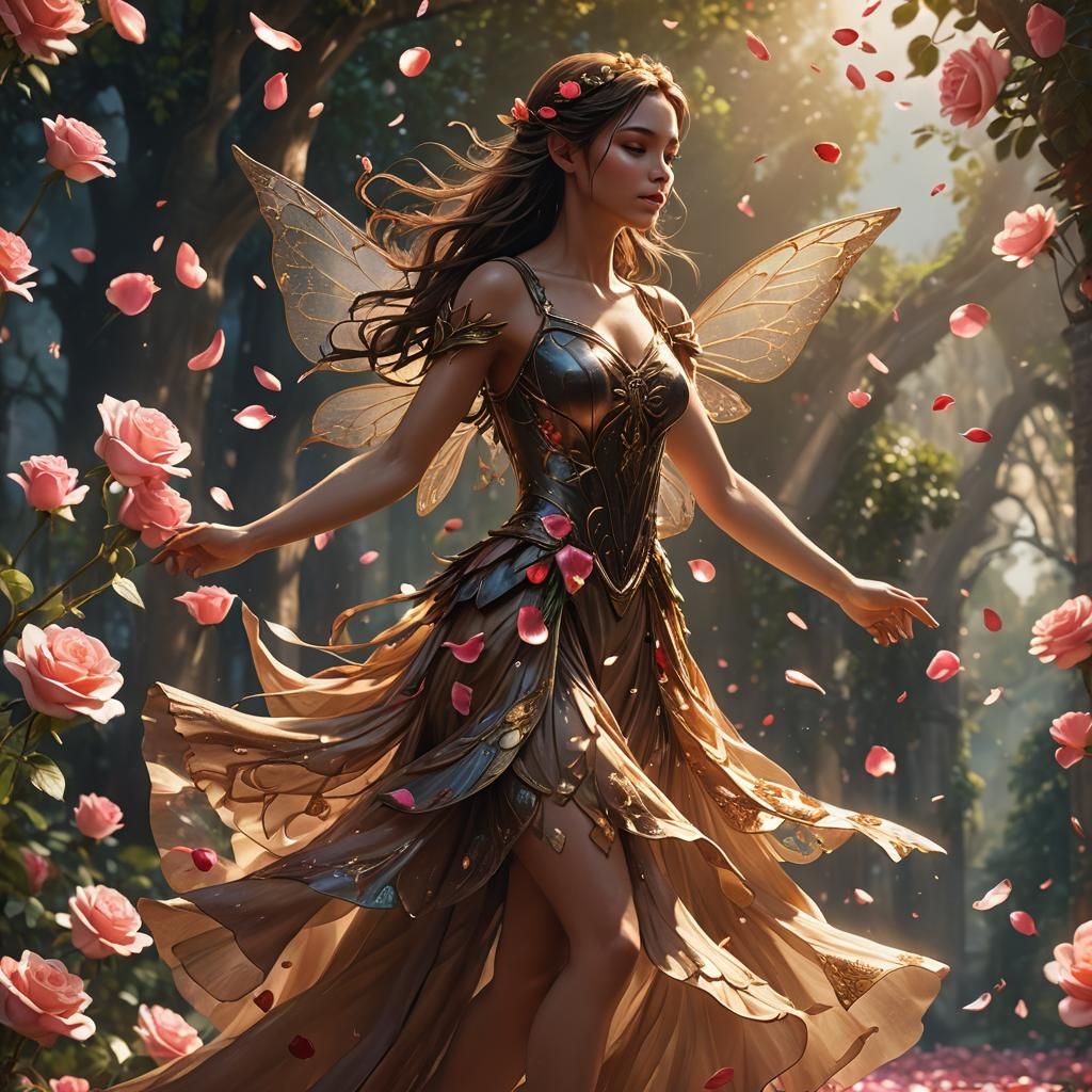 Fantasy Fairy in Rose Petal Dress, Digital Art