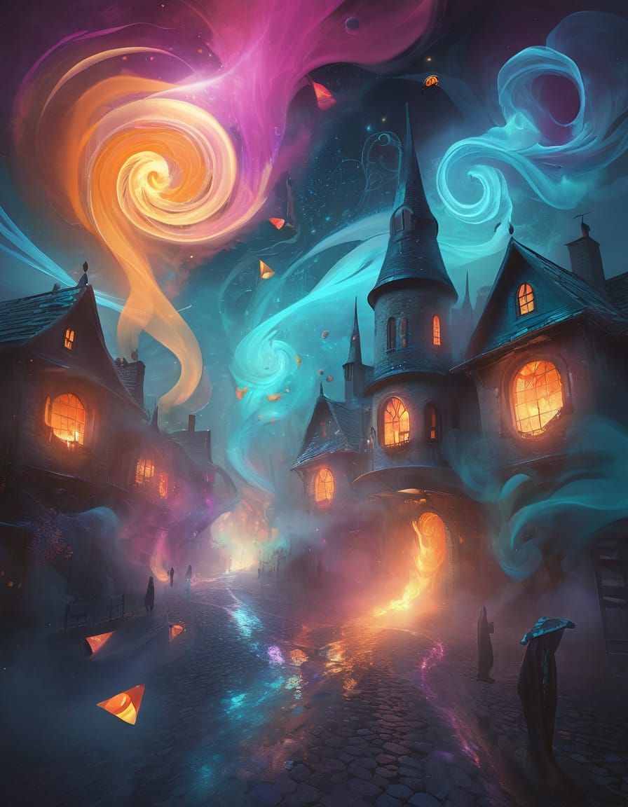 Ethereal Ghostly Procession on Cobblestone Street