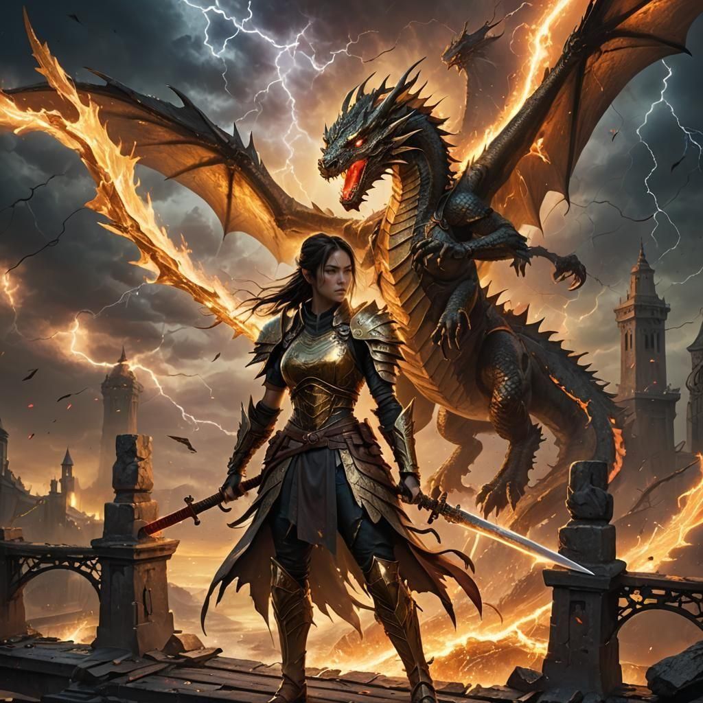Dragon Warrior Girl Fighting Dragons in Matte Painting
