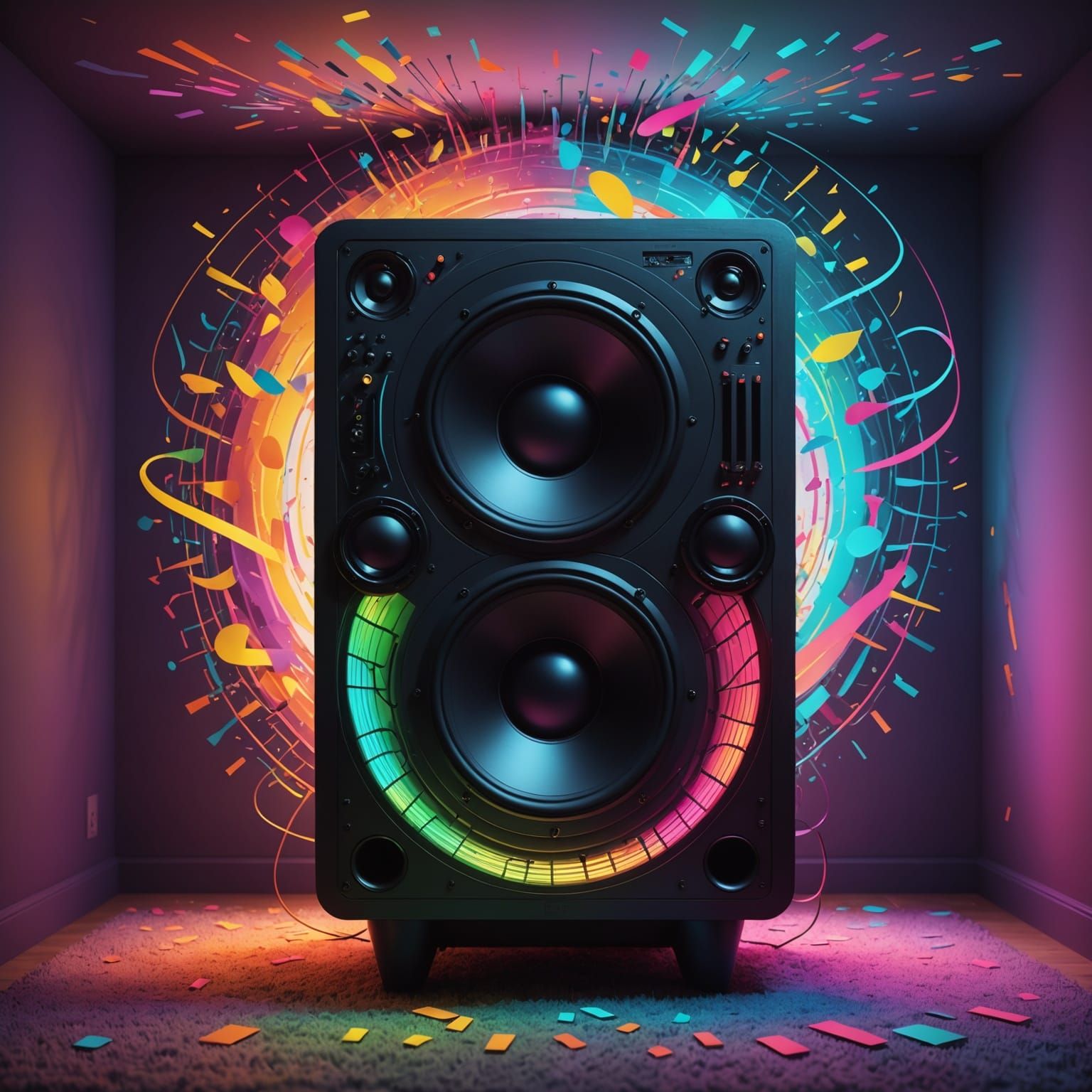 Bedroom Speaker Emitting Colorful Sound Waves in Psychedelic...