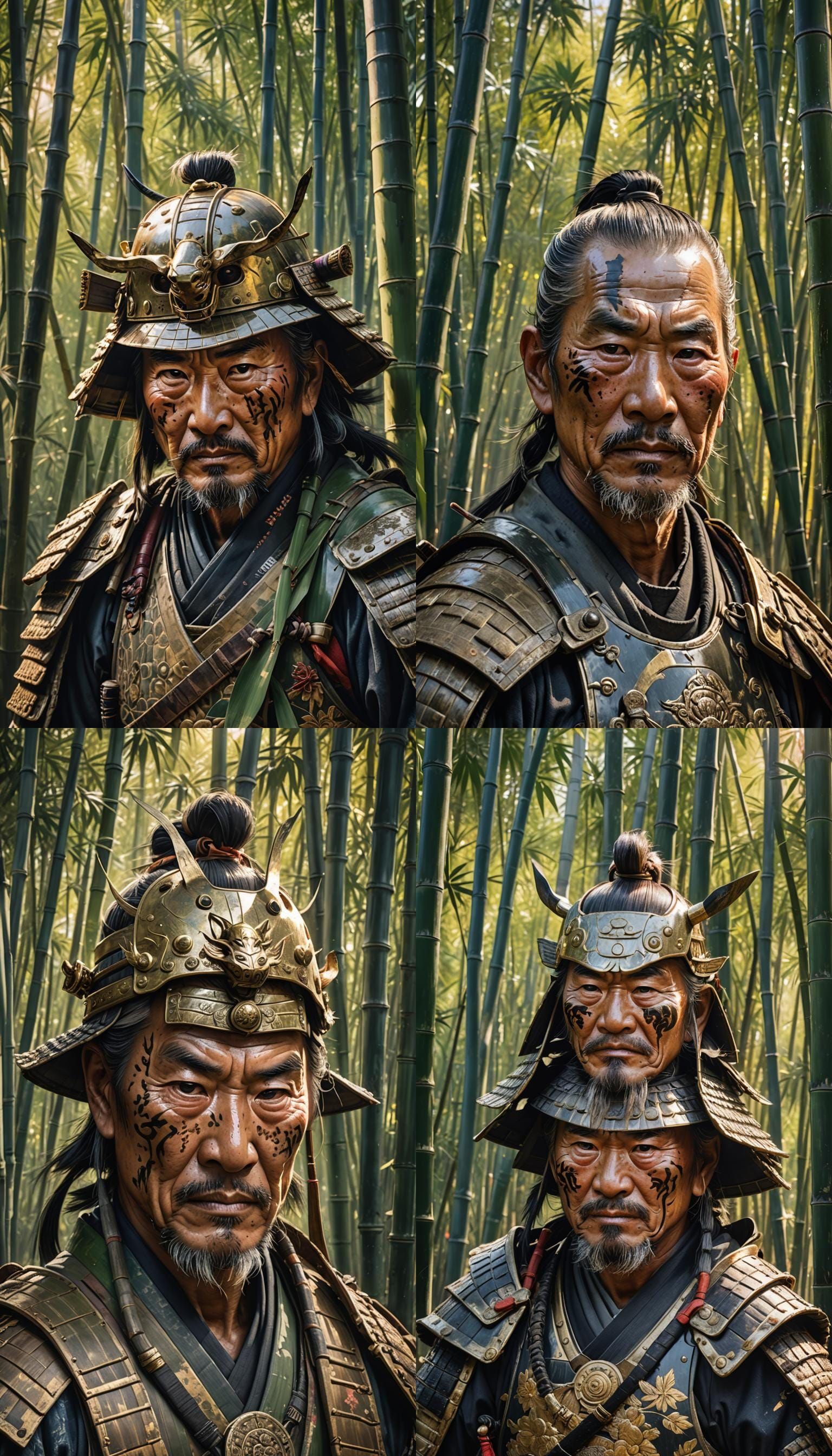 Aged Samurai Warrior in Bamboo Forest, Hyperrealistic Portra...