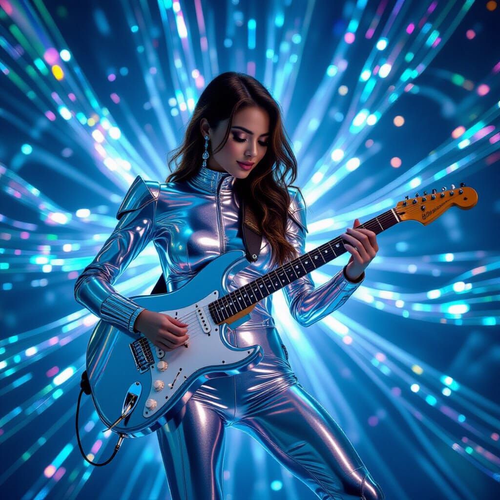 Joyful Guitarist in Chrome Suit with Colorful Light Streams