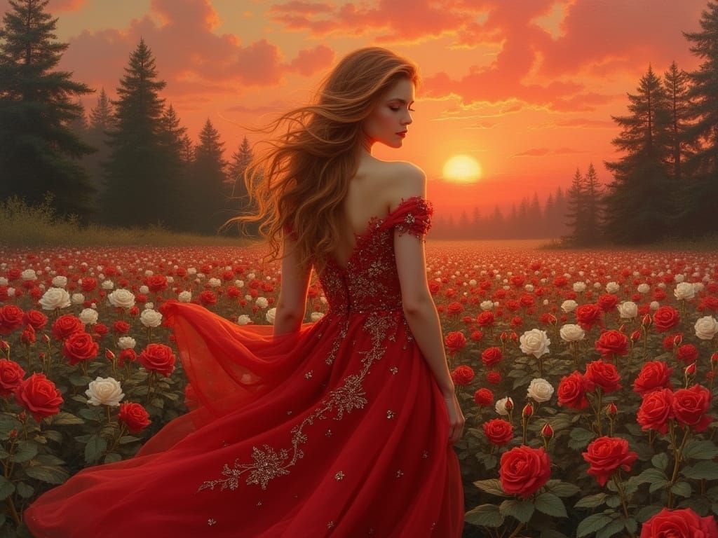Woman in Red Gown Amidst Rose Field at Sunset