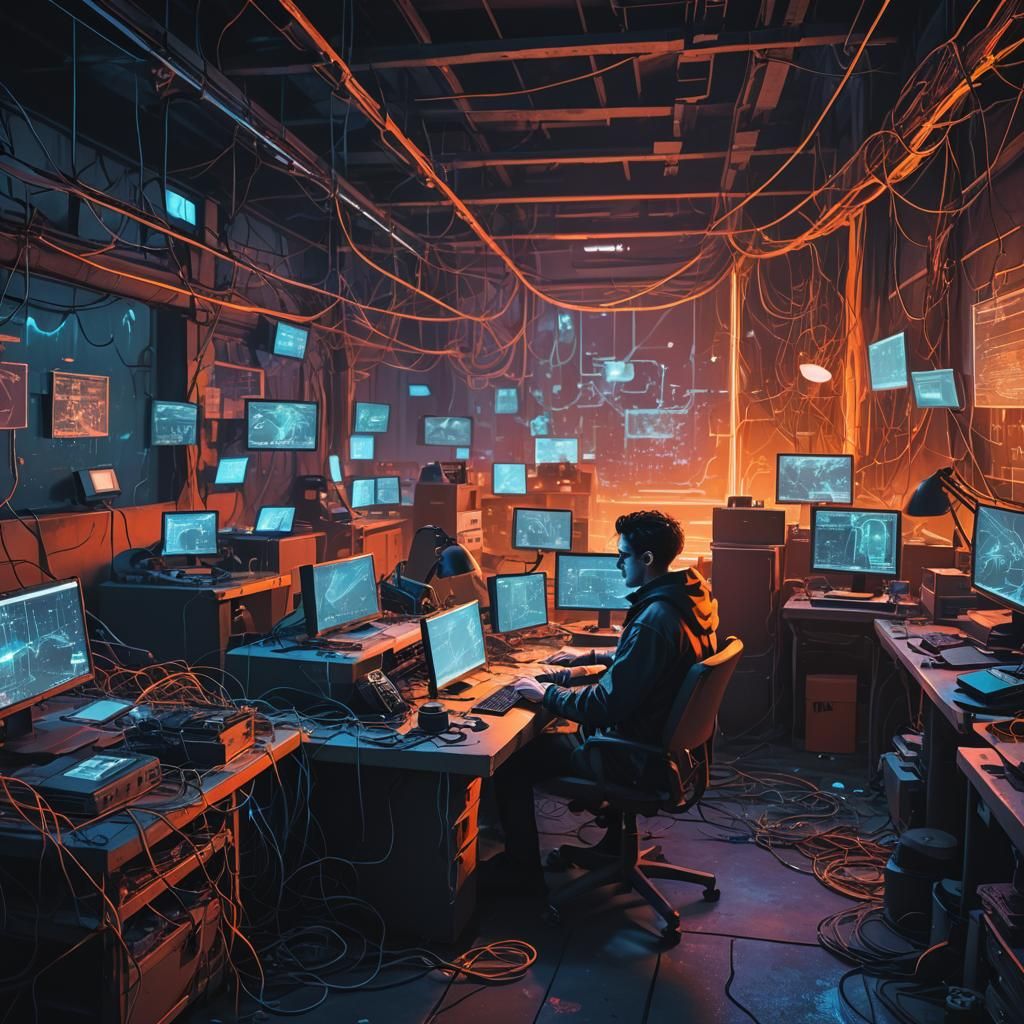 Dystopian Indie Hacker in Neon-Lit Warehouse