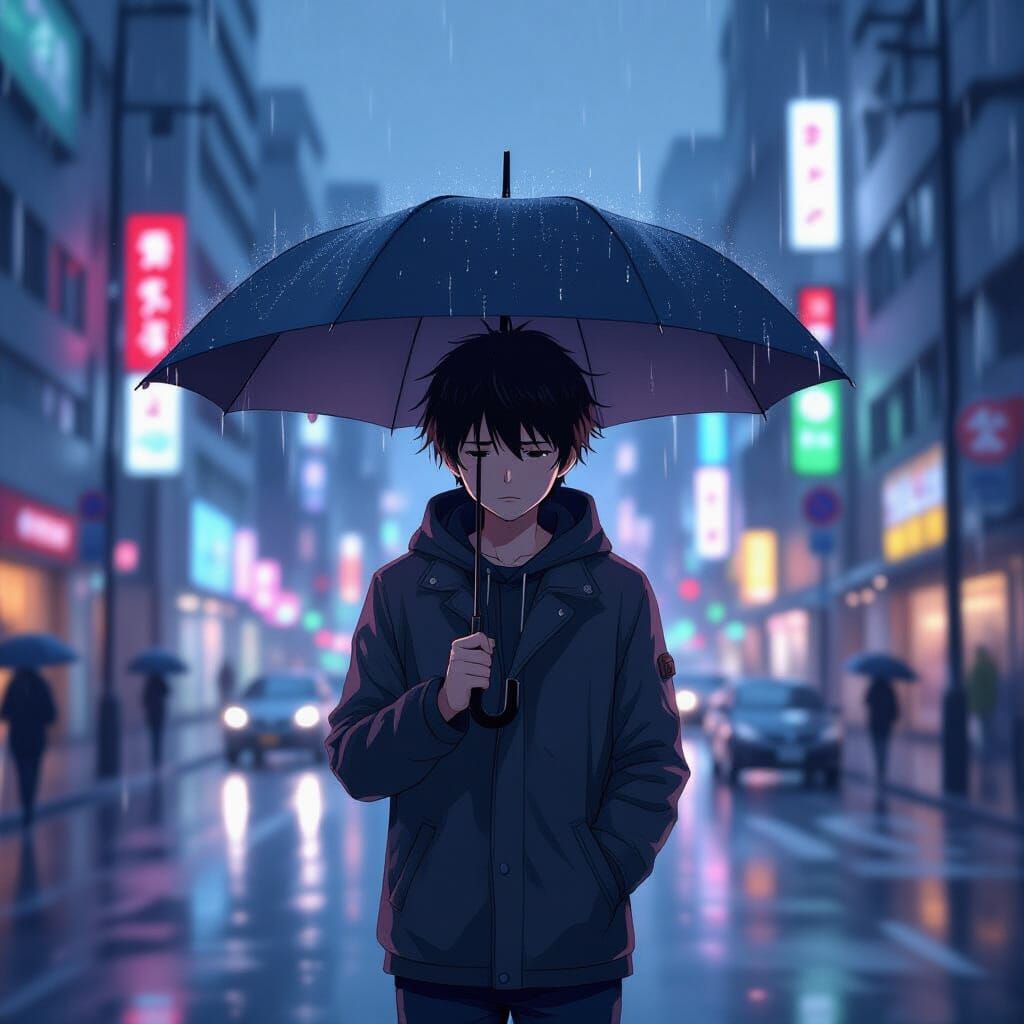 Sad Anime Boy in Rainy Cityscape: Cinematic 4K