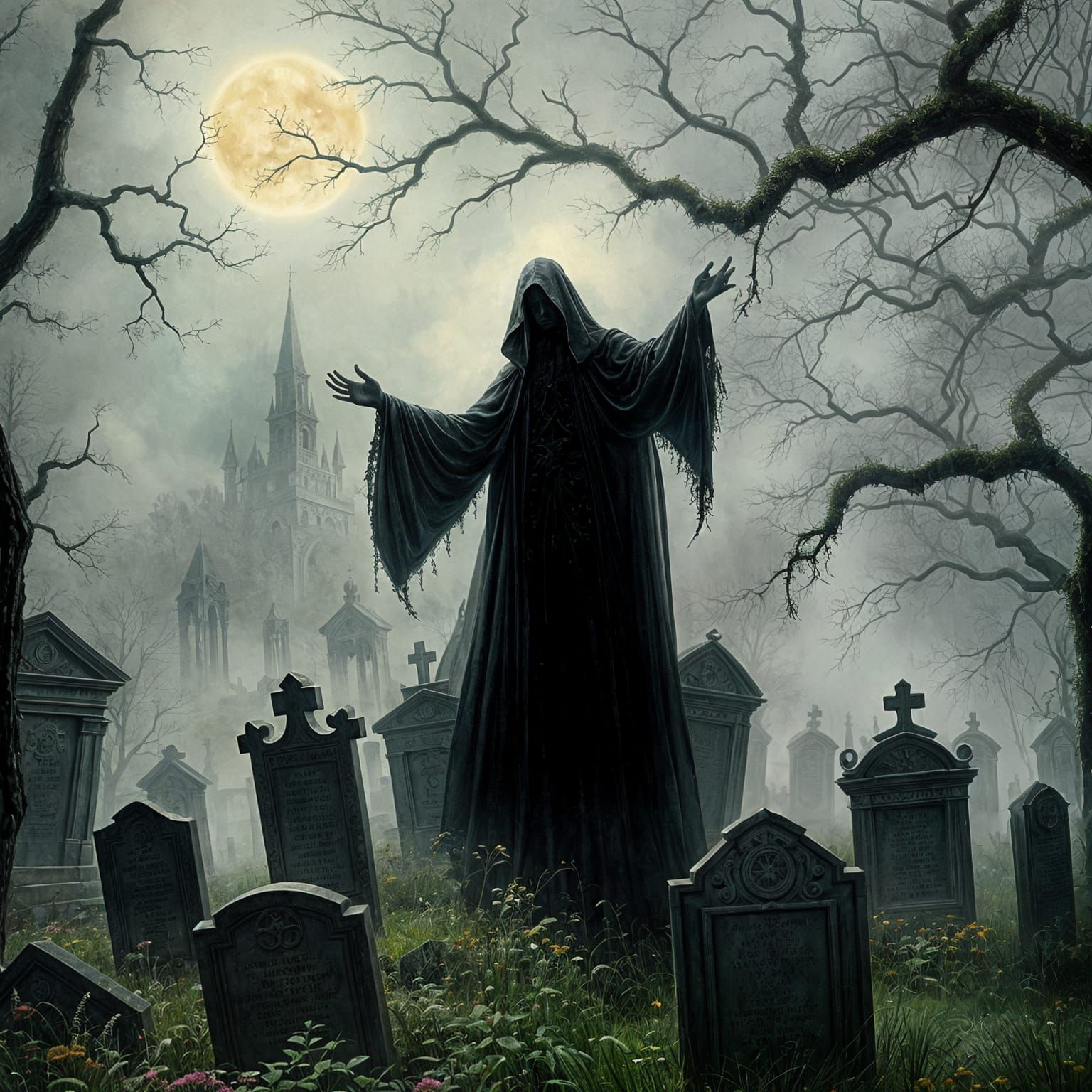 Ethereal Silhouettes Rise from Forgotten Cemetery in Gouache...